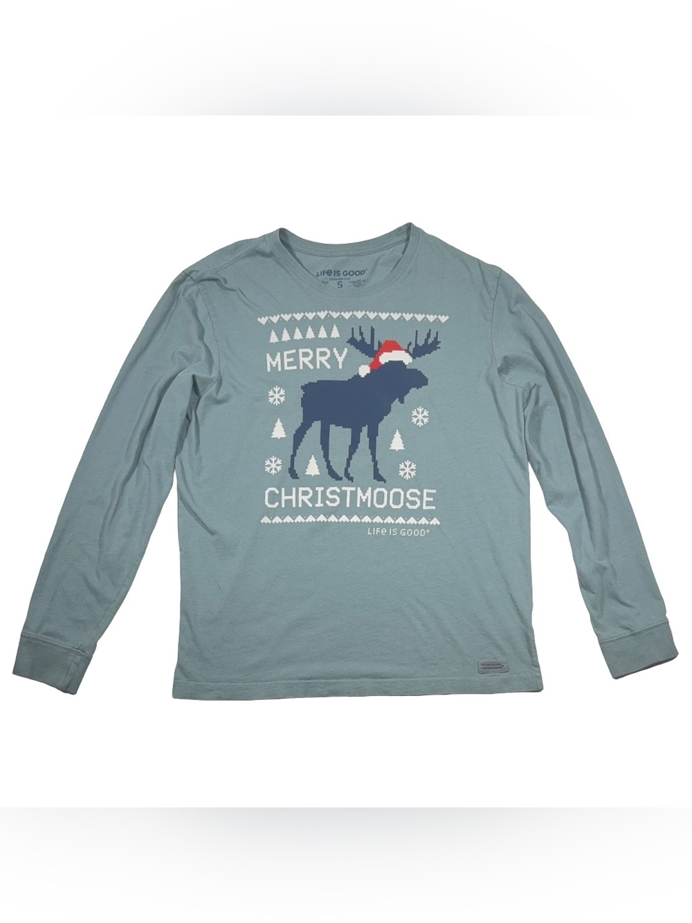Life Is Good Merry Christmoose Graphic Tee Blue Christmas Long Sleeve Mens Small